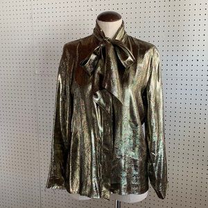 Gold vintage bow neck blouse! Gorgeous, button up, tapered sleeves